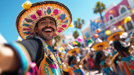 Fototapeta premium A vibrant scene of a mariachi band performing at a festive outdoor event, showcasing traditional attire and lively musical instruments,