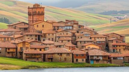 Fototapeta premium Picturesque village nestled in rolling hills beside a lake.