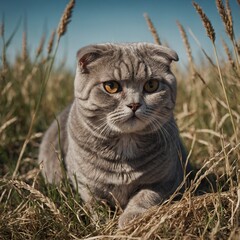 A Scottish Fold cat with folded ears looking curious.