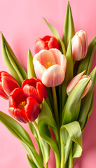 Fototapeta premium Tulip flowers fresh in the spring bouquet against pink background ,made with, graphic novel art, with white tones