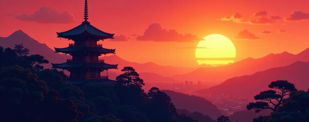 Majestic temple silhouette against vibrant sunset Ancient Japanese design, tranquil scene , zen, sky