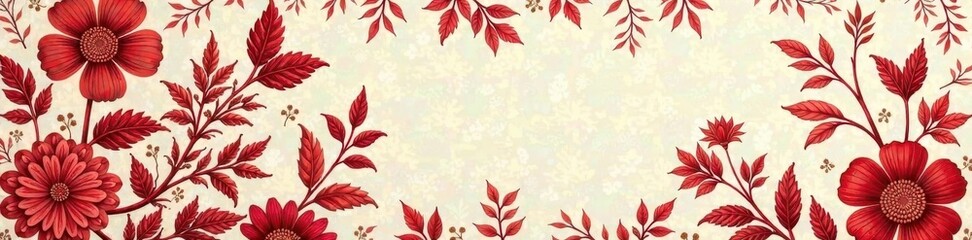 Intricate red floral toile, scenic French vintage design , motif, rustic