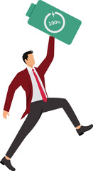 Full battery recharge, full energy to work or refresh from exhaustion, burnout recover, fuel employee or productive and efficient concept, energetic businessman superhero carry full recharge battery