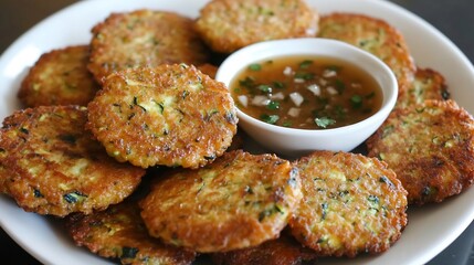 Plate of zucchini fritters served garlic dipping sauce neatly arranged for a topdown composition