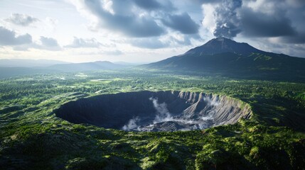 Aerial view of a volcanic crater surrounded by lush landscapes.