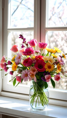 Spring flower arrangements in vase, in front of cottage window and spring blossoms outside in the background, close-up, with white tones