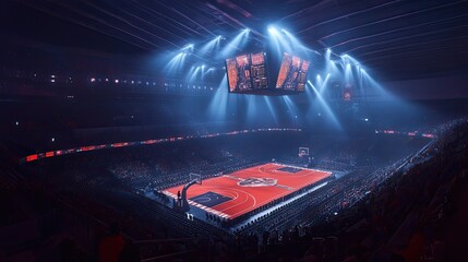 Illuminated Basketball Arena Filled With Spectators