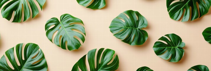 Lush green monstera leaves arranged on a soft beige surface for a vibrant natural display. Generative AI