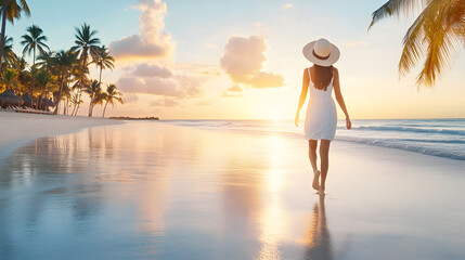 Obraz premium Woman in big white hat walking barefoot on sand on seashore on paradise island. Girl runs along tropical beach, ocean waves in background, enjoying summer vacation vibes. Travel concept. Copy space