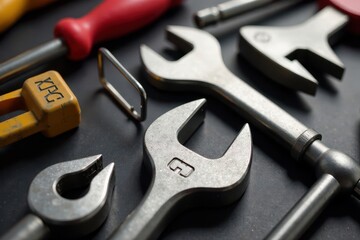 Fototapeta premium Close-up of assorted hand tools, metallic gleam , shiny, disassembly