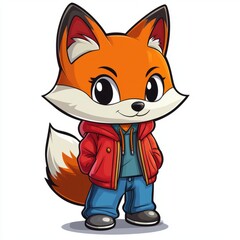 Obraz premium Adorable Cartoon Fox Wearing Red Jacket and Jeans