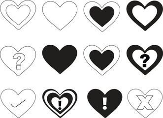 Black and White Heart Icons with Symbols in Grid Pattern