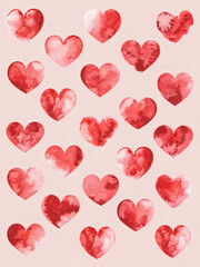 Valentine's Day, A collection of watercolor-style hearts scattered across a light pink background. The hearts vary in size and shade of red, with some appearing more defined and others more abstract