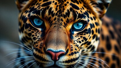 Obraz premium Hyperrealistic leopard portrait, intense blue eyes, detailed fur texture, vivid spots, close-up face, dramatic lighting, black background, wildlife photography, ultra-high definition, sharp focus, Nat