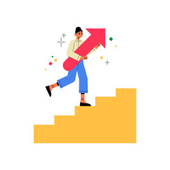 Woman Climbing Stairs With Upward Arrow in Flat Vector Illustration Symbolizing Success, Growth, and Achievement, Isolated on White Background