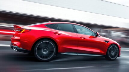 Obraz premium Red Car Driving in Front of a White Building with Motion Blur Effect Wallpaper Background