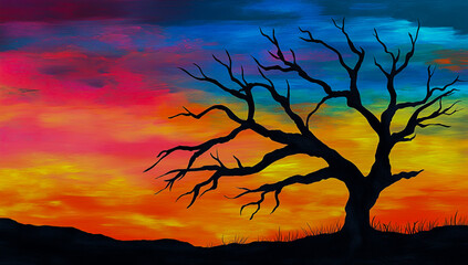A dark silhouette of a gnarled, leafless tree standing against the vibrant backdrop of a breathtaking, colorful sunset sky filled with warm hues of orange, pink and purple.