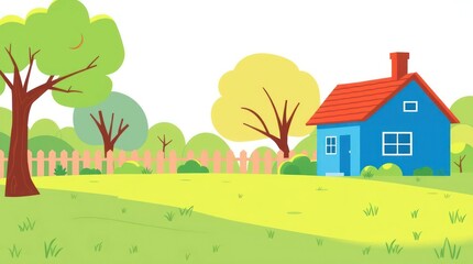 Illustration of a House with Trees and a Sunny Sky in the Background