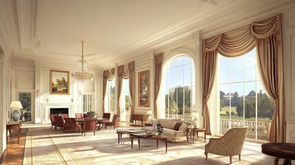 Fototapeta premium A bright and airy living room with large windows letting in natural light, adorned with soft pastel colors, wooden furniture, and art pieces on the walls