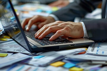 Midsection of young businessman figuring out an invoice at his office desk