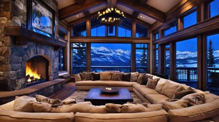 Obraz premium A charming rustic living room with exposed wooden beams, a large stone fireplace, and comfortable furniture, perfect for gatherings and relaxation