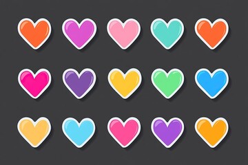 Colorful heart-shaped stickers arranged neatly, perfect for enhancing valentines, crafts, scrapbooking, and themed decorations for events like Valentine's Day