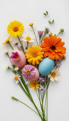 Creative layout made with colorful  flowers and Easter eggs. Minimal nature background. Spring holidays concept, sticker style, with white tones
