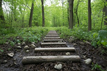 Fototapeta premium Wooden steps lead through lush, green forest.