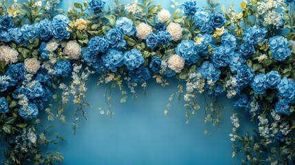 Beautiful Floral Backdrop Featuring Blue Roses and Light Flowers for Themed Events, Photography, and Creative Projects