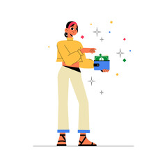 Female Character Holding Wallet With Cash In Flat Vector Illustration Symbolizing Personal Finance, Wealth, And Money Management, Isolated On White Background
