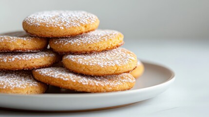 A close-up of almond cookies with a dusting of powdered sugar, placed on a simple white plate against a soft background