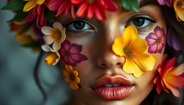 Woman adorned with real and painted flowers blending nature and beauty
