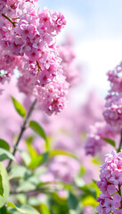 Obraz premium Branches of blooming pink lilac against a blue sky. Spring