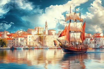 Historic sailing ship in tranquil mediterranean harbor with vibrant sky