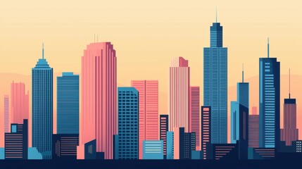 Fototapeta premium Urban Cityscape at Sunset with Colorful Skyscrapers and Buildings