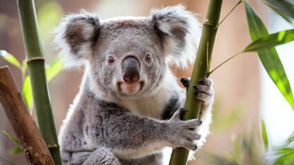 Obraz premium koala: A charming and detailed image of a koala clinging to a bamboo stalk, its small paws tightly gripping the slender green stems