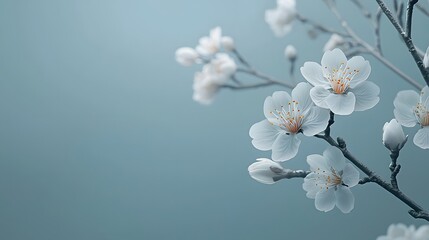 Fototapeta premium Delicate white cherry blossoms bloom against a soft blue background. Generative AI