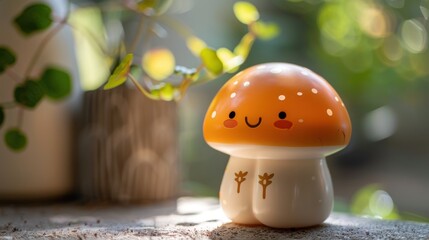 Cute Mushroom Lamp with Smiling Face on Green Bokeh Background