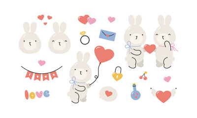 Valentine's day set with cute rabbits . Hearts, rabbits, letter, ring, lock, bottle with hearts and others for decorative. Cartoon flat style. Symbols of love. Vector illustration.