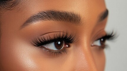 Naklejka premium A close-up of a woman's eyes with a focus on natural beauty, highlighting her eyelashes and the subtle emotions conveyed through her gaze