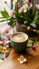 Coffee in cup on wooden table with flowers in spring season, calm and relax coffee, hot beverage, Morning drinks with, close-up, with white tones