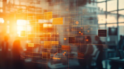 Abstract Technology Concept with Glowing Data Overlays and Blurry People in Background