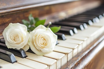 Elegant white roses on vintage piano keys with natural light