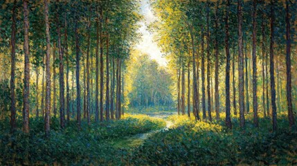 Fototapeta premium Serene Sunlit Forest Pathway Surrounded by Tall Green Trees