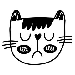 cute cat shy sad cry expression silly doodle hand drawn illustration outline black white drawing kids sketch icon