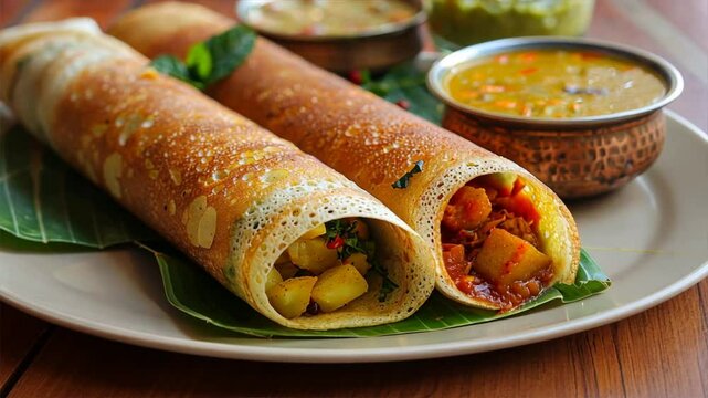 Delicious Indian cuisine Traditional dosa rolls filled with spiced potato, served on plate with vibrant chutney and sambar for hearty food experience.