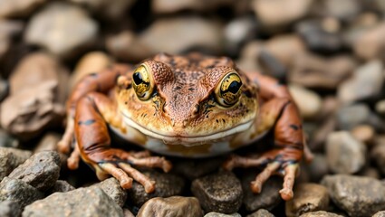 Obraz premium Macro photograph, green-eyed frog, pebble background, detailed texture, vibrant colors, shallow depth of field, nature photography, amphibian close-up, wildlife portrait, bokeh effect, earthy tones, s