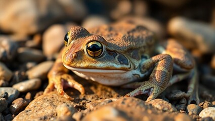 Obraz premium Macro photograph, green-eyed frog, pebble background, detailed texture, vibrant colors, shallow depth of field, nature photography, amphibian close-up, wildlife portrait, bokeh effect, earthy tones, s