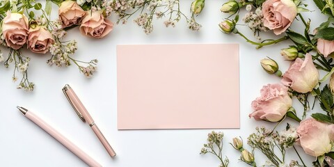 Wreath of fresh roses and dried flowers surrounding a blank pink card and elegant pen on a clean white background with soft floral accents.