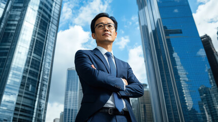 Fototapeta premium A high-ranking bank executive standing in front of a modern skyscraper, looking confident and professional with the city skyline behind them